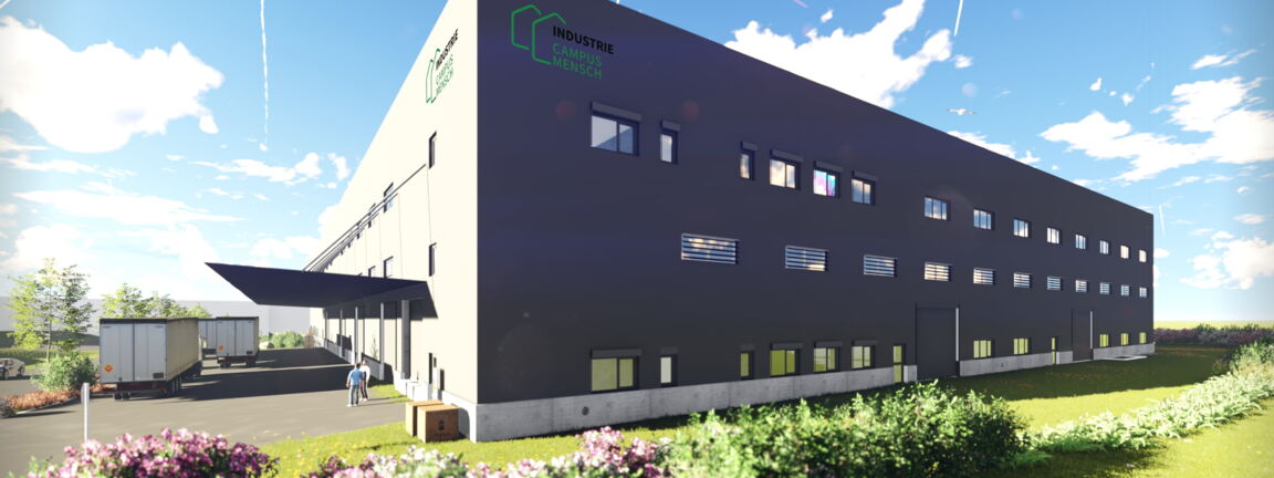 Visualisierung eines Industriegebäudes mit dem Logo von Campus Mensch Industrie. Zwei Menschen stehen vor dem Gebäude und unterhalten sich.